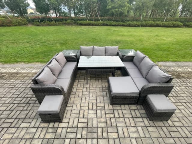 Fimous Patio Rattan Garden Furniture Set with Oblong Rectangular Dining Table 3 Footstools 2 Side Table 12 Seater Outdoor Lounge Sofa Set in Dark Grey
