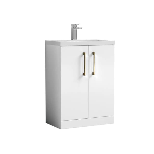 Balterley Bathroom Vanity Basin Unit, Brushed Brass Handles, 600mm, Gloss White White Unisex