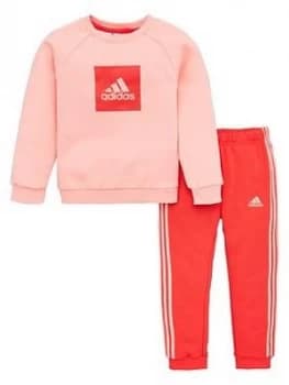 Adidas Infant 2 Piece 3 Stripe Logo Sweatshirt And Jogger Set - Pink
