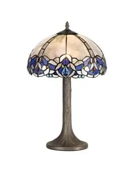 1 Light Tree Like Table Lamp E27 With 30cm Tiffany Shade, Blue, Clear Crystal, Aged Antique Brass