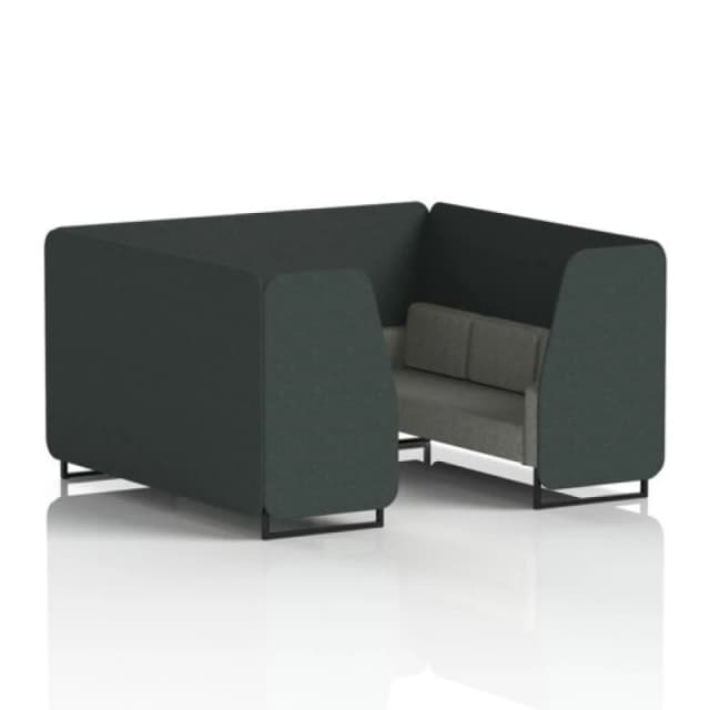 Brixworth 6 Seater Office Booth with Front Panel - Black Legs in Rivet Fabric - Charcoal Panels and Vitreous Sofa