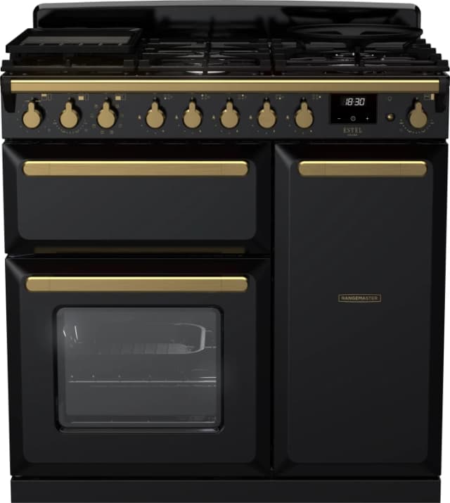 Rangemaster Estel Deluxe ESDL90DFPGBL/AB1 90cm Dual Fuel Range Cooker - Black / Antique Brass - A/A Rated