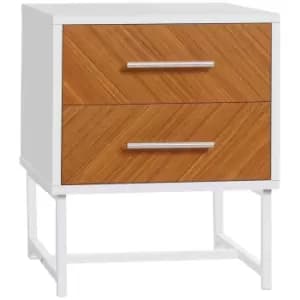 Homcom Bedside Table With 2 Drawers White Frame With Herringbone Wood Effect Square Metal Legs