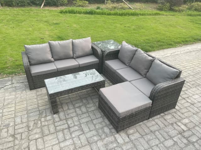Fimous Outdoor Lounge Sofa Set Rattan Garden Furniture Set with Rectangular Coffee Table Big Footstool 3 Seater Sofa Dark Grey