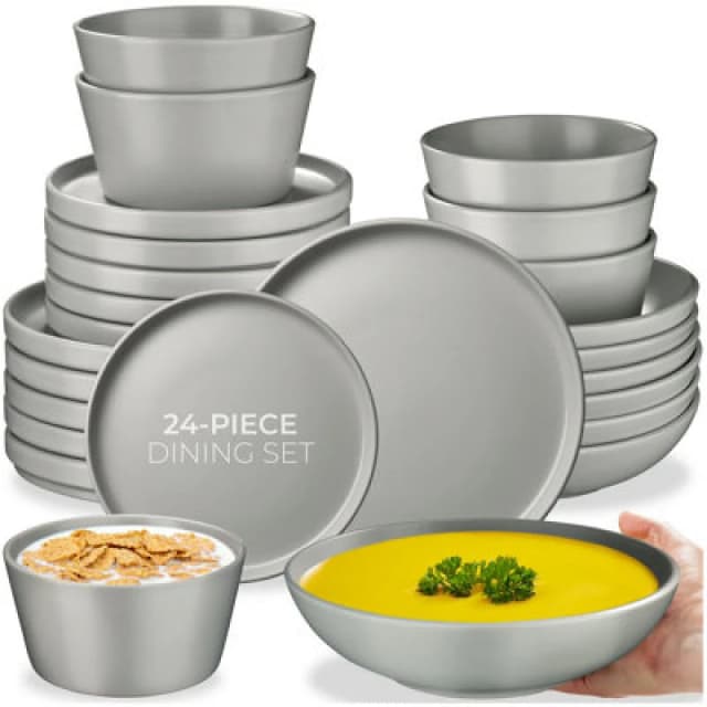 Tectake 24 PC Dinnerware Set Una - Dinner Set, Incl. Plates, Bowls And Mugs, For 6 People - Grey
