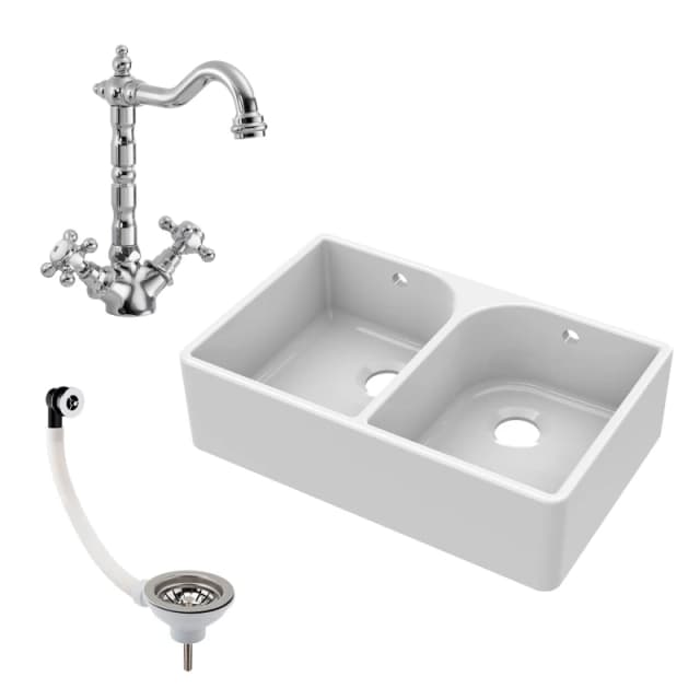 Balterley Fireclay 2 Bowl Full Weir Butler Sink Overflow Tap Waste 795mm White