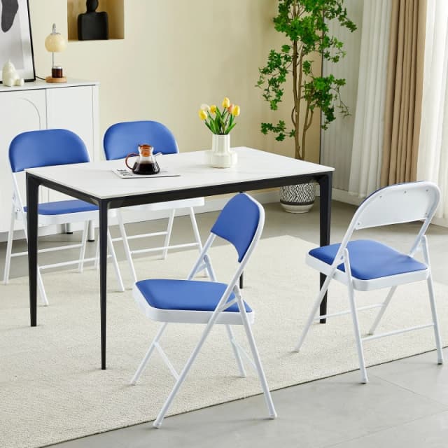 MCC Direct Set of 4 Folding Dining Chairs Metal Frame Padded Seats Blue