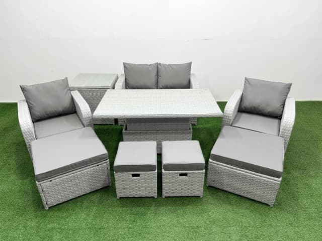 Fimous 9 PCs Rising Dining Table Set Reclining Chair Inclining Love Sofa Seat in Light Grey Light Grey Unisex