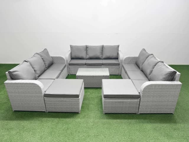 Fimous PE Rattan Lounge Sofa Set 11 Seater Outdoor Garden Furniture Set with Rectangular Coffee Table 3 Seater Sofa 2 Big Footstools Light Grey Light