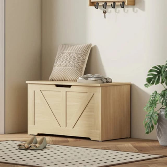 HOMCOM HOMCOM Storage Trunk with 2 Safety Hinges, 80cm, Natural Wood Finish Natural One Size Unisex 5063603050860