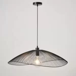 Contemporary Large Black Pendant Ceiling Light. Decorative shade with curved metal threads, 80cm Diameter Adjustable height