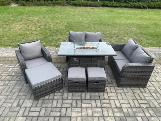 Fimous Outdoor Sofa Rattan Garden Furniture Set Patio Gas Fire Pit Dining Table and Reclining Chair set with 3 Footstools Dark Grey Mixed Dark Grey