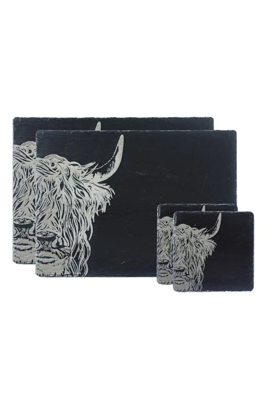 Selbrae House Slate Coaster & Place Mat Set - Highland Cow Dark Grey unisex