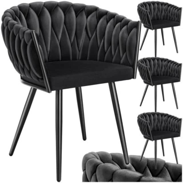 Tectake Set Of 4 Dining Chair Astano - Padded, Velvet, Knot Design, Continuous Backrest - Black