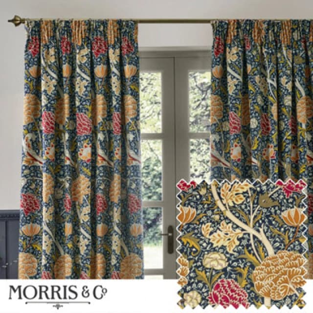 Morris & Co Morris & Co Cray Floral Velvet Room Darkening Pencil Pleat Curtains in Indigo Size: 117cm width x 137cm drop Indigo 117cm width x 137cm