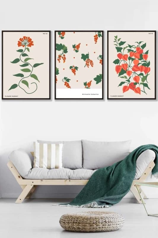 ARTZE Set of 3 Black Framed Vintage Graphical Orange Flower Market Wall Art Size: W45cm x H62cm x D20mm Orange Unisex W45cm x H62cm x D20mm