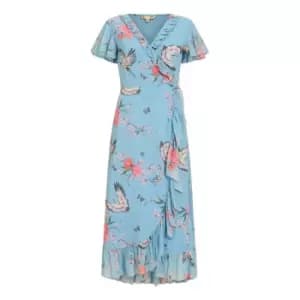 Yumi Blue Satin Crane Print Wrap Dress - Blue