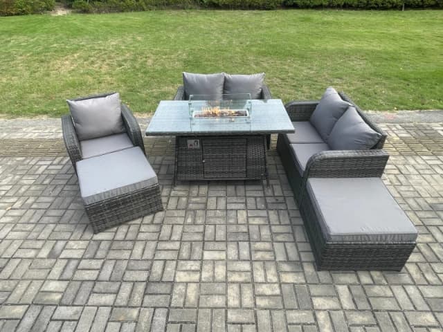 Fimous 6 Seater Rattan Outdoor Garden Furniture Sofa Set Gas Fire Pit Dining Table Gas Heater with Love Sofa Big Footstool Dark Grey