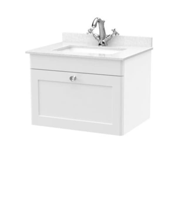 Nuie Classique Wall Hung 1 Drawer Vanity Unit & 1 Tap Hole White Marble Top With Square Basin, Stylish Sink Vanity Unit In Satin