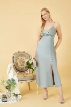 Silver Satin Button Detail Slip Dress