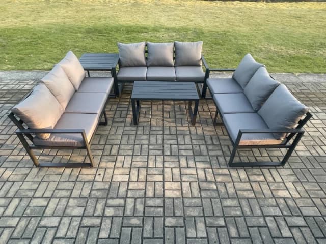 Fimous Aluminium 9 Seater Outdoor Garden Furniture Set Lounge Sofa Oblong Coffee Table Side Table Sets with Cushions Dark Grey Dark Grey Unisex