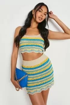Crochet Stripe Crop Mini Skirt Beach Coord