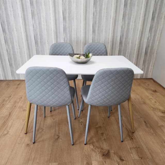 KOSY KOALA Wooden Dining Table with 4 Grey Gem Patterned Chairs White Table with Grey Chairs White