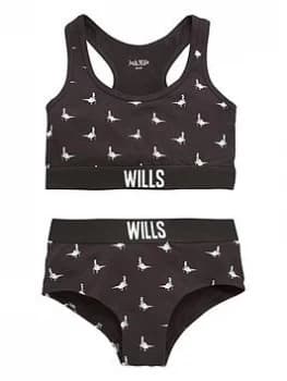 Jack Wills Jack Wills Girls Boxed Print Crop Top & Hipster Brief Set, Black, Size Age: 12-13 Years, Women
