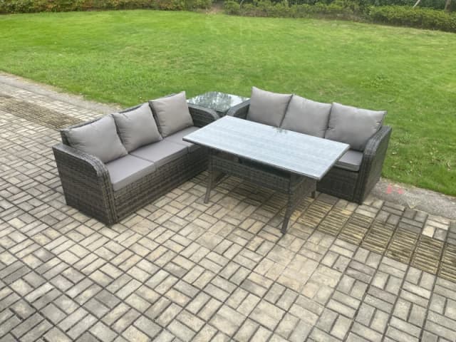 Fimous Rattan Garden Furniture Set with Oblong Rectangular Dining Table 4 Pieces Outdoor Lounge Sofa Set Dark Grey Mixed Dark Grey Unisex