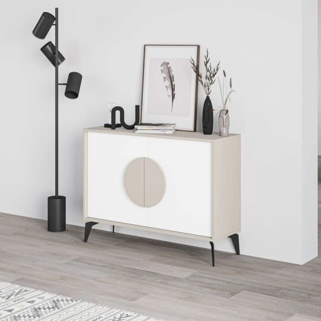 Decortie 2 Doors Sideboard 'Gora' 4 Metal Legs, Chipboard Handle Storage Unit 110cm in Beige Size: 2 Pack Beige Unisex 2 Pack