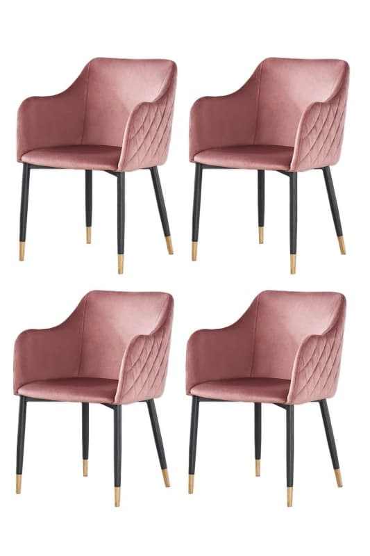 Life Interiors Life Interiors Set of 4 Verona Velvet Dining Chairs with Quilted Back & Black Legs - Modern Accent Chair with Gold Foot Caps in Pink Pi