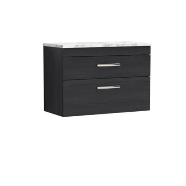 NUIE Nuie - Athena Wall Hung 2-Drawer Vanity Unit with Carrera Marble Worktop 800mm Wide - Charcoal Black Woodgrain ATH068LCM