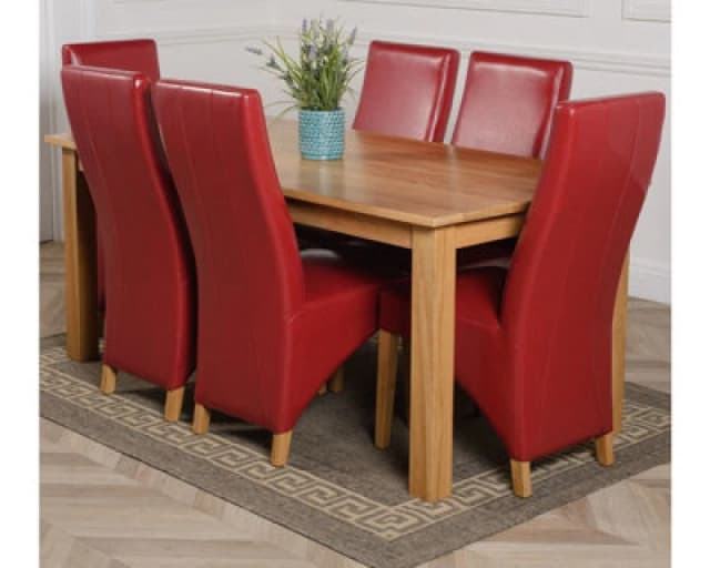 Thats Furniture Oslo 180 x 90cm Large Oak Dining Table & 6 Lola Leather Chairs in Red Red Unisex 180 x 90 cm
