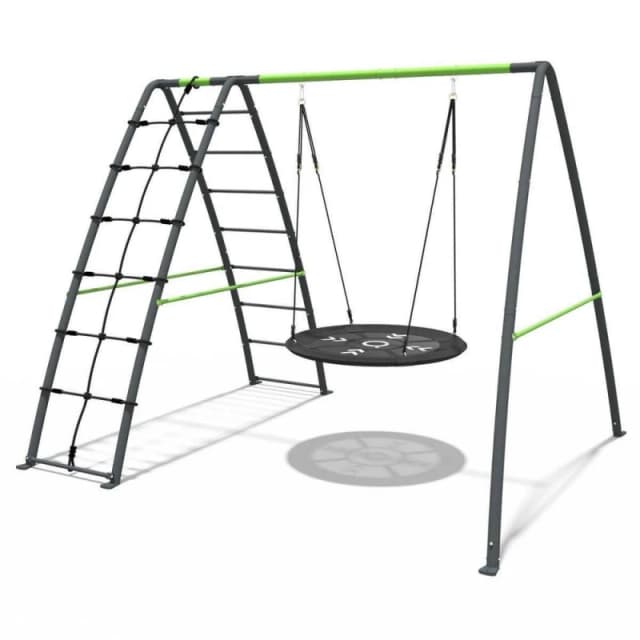 OutdoorToys Children's Single Metal Swing Set with Nest Swing & Climbing Wall in Grey Grey Unisex