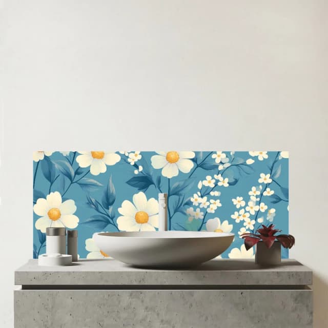 Warren Reed - Designer Blue & White Spring Daisies Glass Bathroom Splashback Blue Unisex