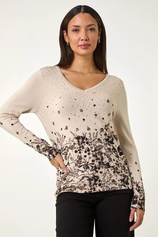 Roman Womens Floral Hotfix V-Neck Knit Jumper in Beige Size: 18 Beige Female 18