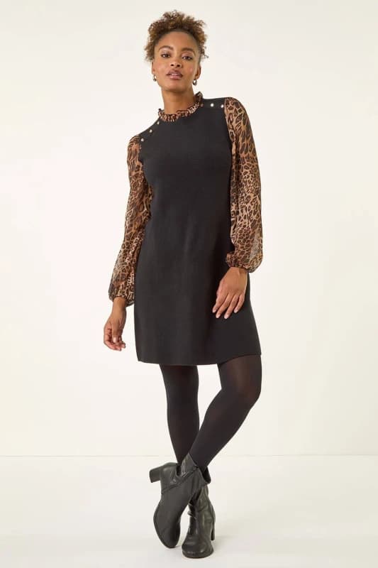 Roman Womens Animal Print Frill Knitted Dress in Tan Size: 12 Tan Female 12