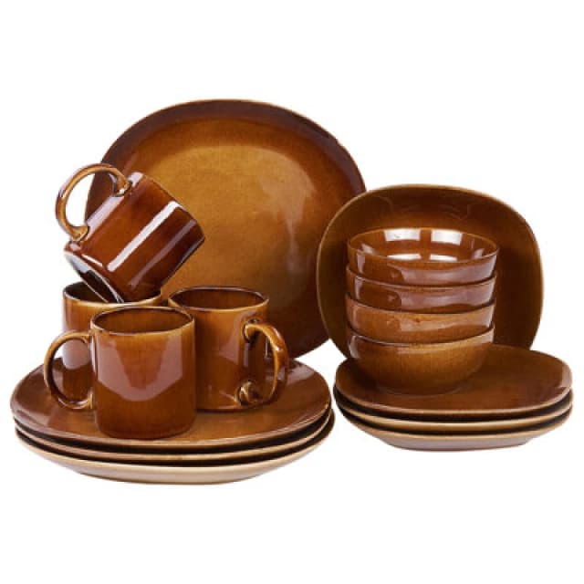 Beliani Set Of 16 Dinnerware Turmeric Stoneware Golden Brown