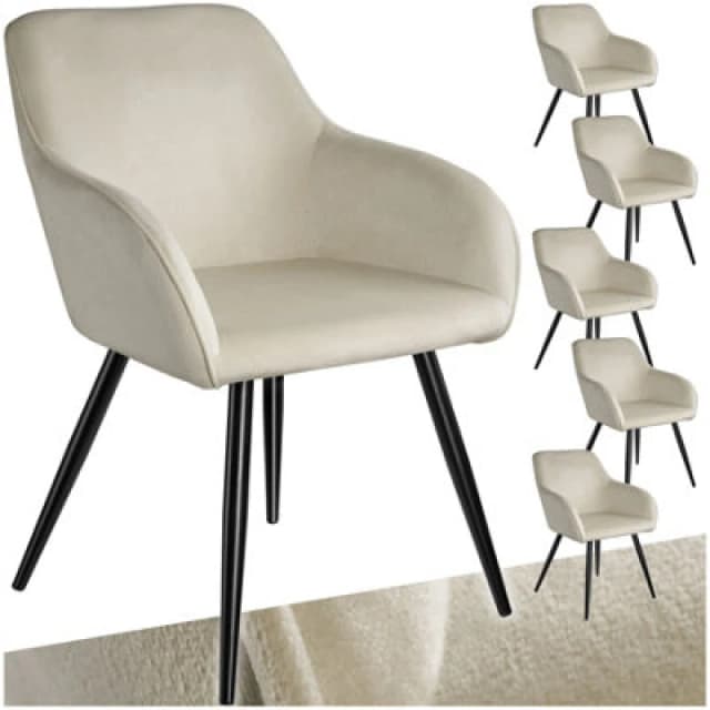 Tectake Set Of 6 Dining Chair Marilyn - With Armrests, Padded, Velvet Look, Black Steel Legs - Cream/black
