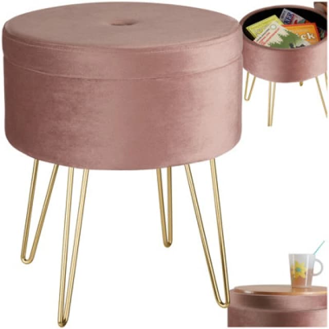 Tectake Stool Ava - Round, Padded Velvet Look, With Storage Space - Rose, 1