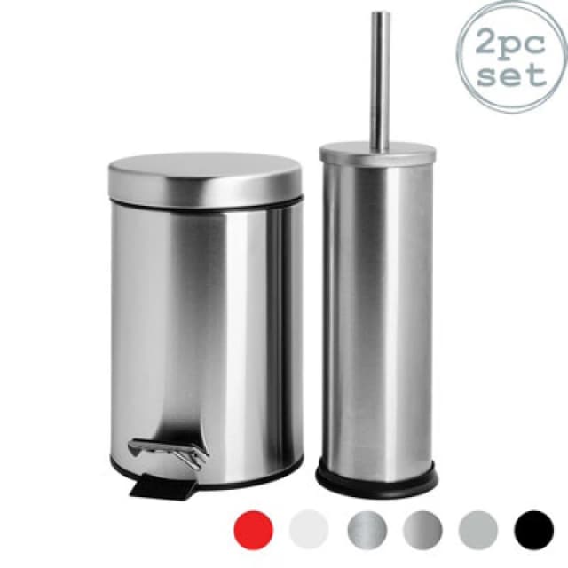 Harbour Housewares Bathroom Bin & Toilet Brush Set - 3L - Matt - Round Stainless Steel Slim Trashcan Rubbish Bin & Brush
