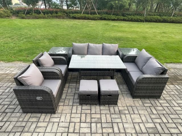 Fimous 9 Seater Garden Rattan Furniture Dining Table Sofa Set Indoor Outdoor with 2 Reclining Chairs 2 Side Tables 2 Small Footstools in Dark Grey Dar