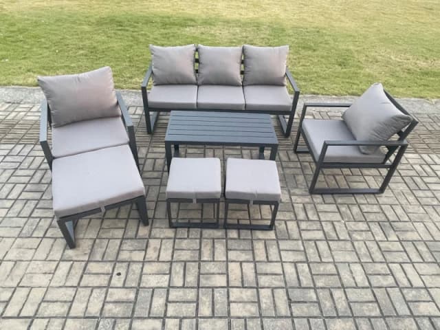 Fimous Aluminium 7 Pieces Garden Furniture Sofa Set with Cushions 8 Seater Outdoor Patio Set with 2 Armchair 3 Footstools Dark Grey Dark Grey Unisex