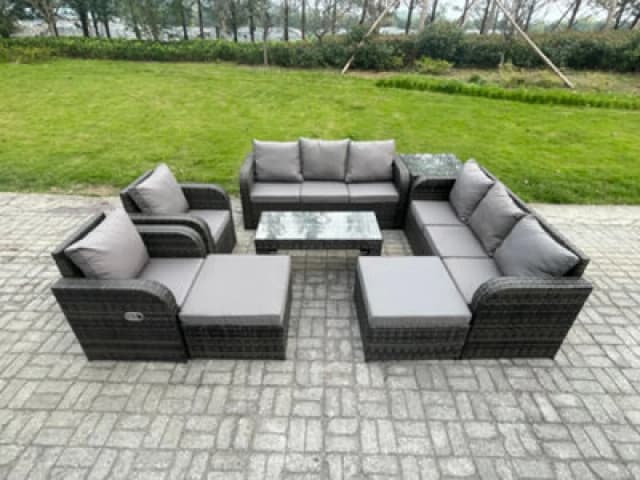Fimous Wicker PE Rattan Sofa Set 10 Seater Outdoor Patio Garden Furniture Set with 2 Reclining Chairs Coffee Table Side Tables Dark Grey