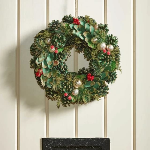 50cm Bauble and Pinecone Hanging Christmas Wreath with Red Berries