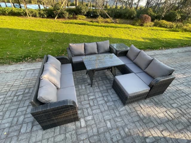 Fimous 10 Seater Wicker Rattan Garden Furniture Set with Rectangular Dining Table Big Footstool Side Table Patio Outdoor Lounge Sofa Set Dark Grey