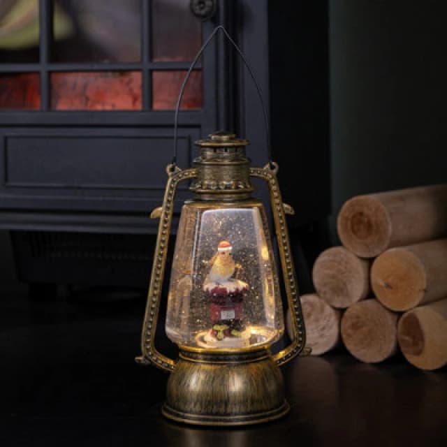 Samuel Alexander 24Cm Dual Powered Light Up Antique Effect Christmas Water Spinner Hurricane Lantern With Robin On Postbox