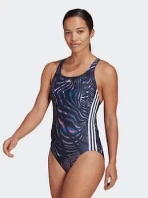 adidas Souleaf Graphic 3-stripes Swimsuit, Black, Size 30, Women