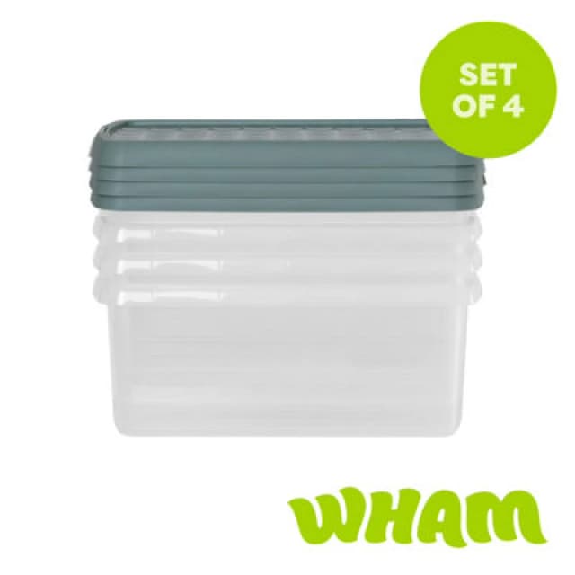 Wham Clip 4X 10.5L Rectangular Plastic Storage Boxes With Clip Lock Lids. Ideal For Home, Office, Toys & More - Clear/green Milieu