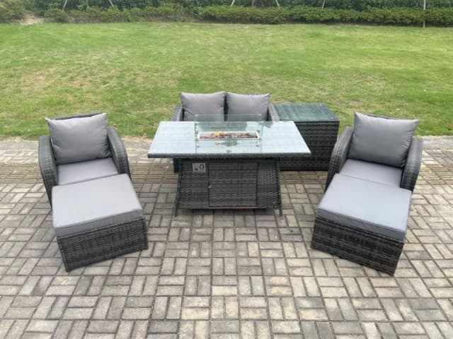 Fimous Rattan Garden Furniture Set Outdoor Patio Gas Fire Pit Dining Table and Chairs with Love seat Sofa Dark Grey unisex